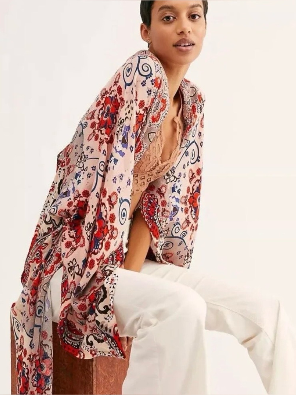 Free People Little Wing Beige Floral Print Kimono with Orange & Navy Accents